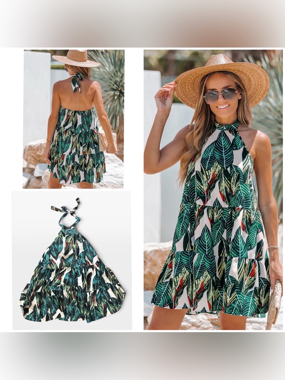 Cupshe Green Tropical Leaf Halter Mini Dress, Medium